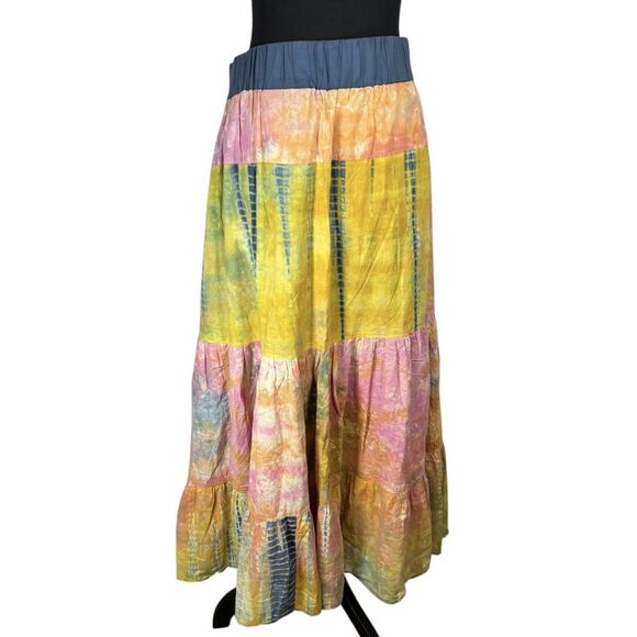 Double D Ranch Boho Maxi Skirt Peasant Tie Dye Patchwork Beaded Waist - Picture 3 of 11
